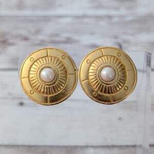 Vintage Clip On Earrings Fancy Gold Tone & Faux Pearl Circle